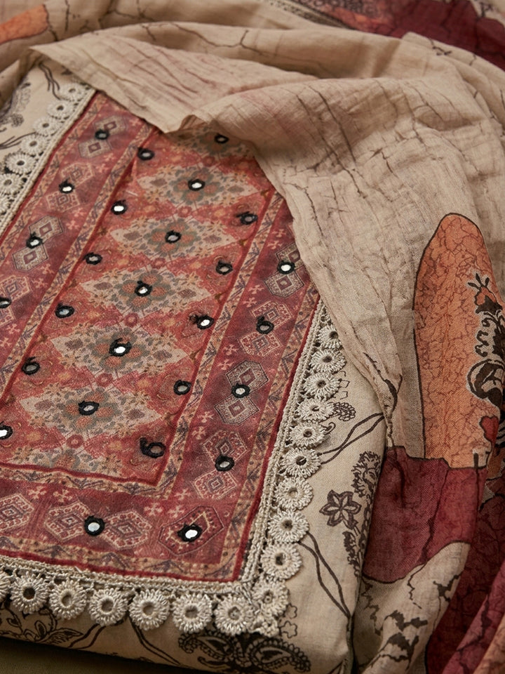 Off White Printed Cotton Blend Unstitched Suit &amp; Pant With Cotton Dupatta