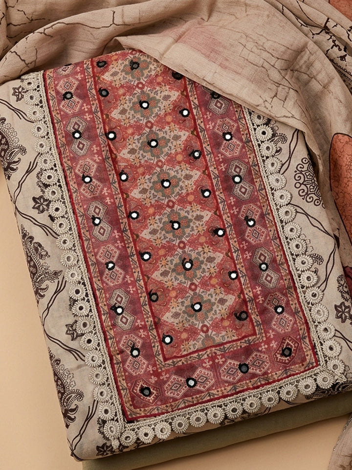 Off White Printed Cotton Blend Unstitched Suit &amp; Pant With Cotton Dupatta