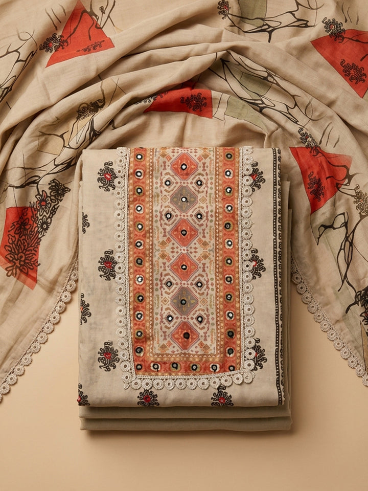 Off White Printed Cotton Blend Unstitched Suit &amp; Pant With Cotton Dupatta