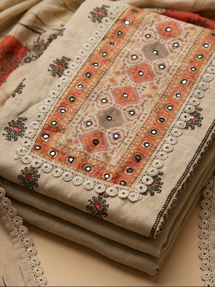 Off White Printed Cotton Blend Unstitched Suit &amp; Pant With Cotton Dupatta
