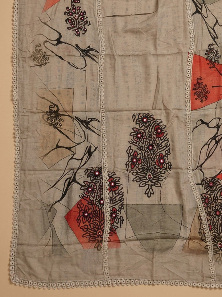 Off White Printed Cotton Blend Unstitched Suit &amp; Pant With Cotton Dupatta