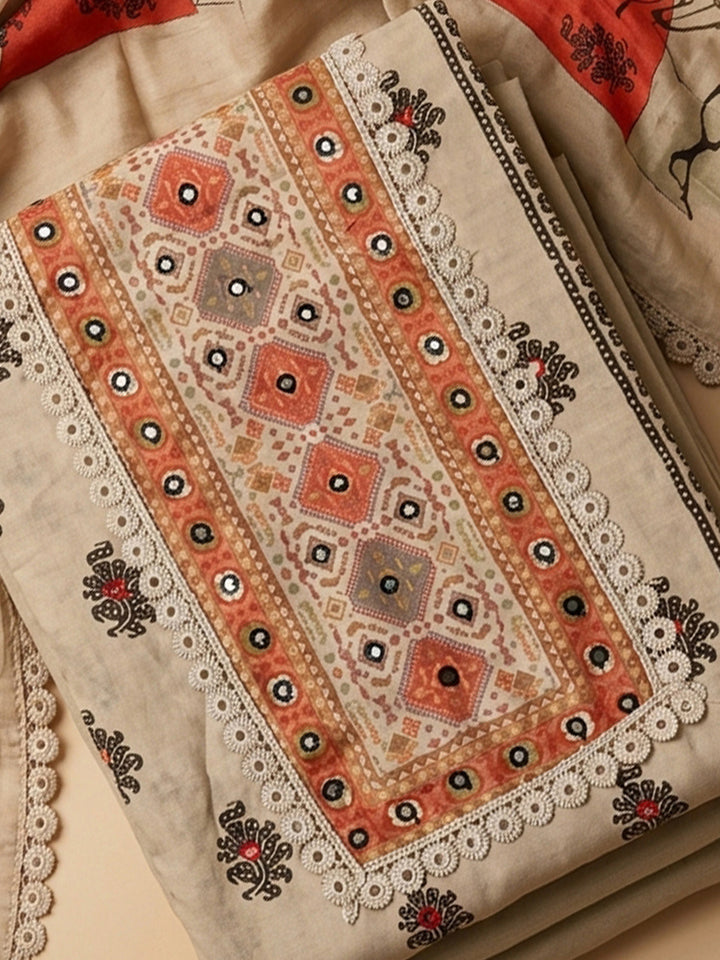Off White Printed Cotton Blend Unstitched Suit &amp; Pant With Cotton Dupatta