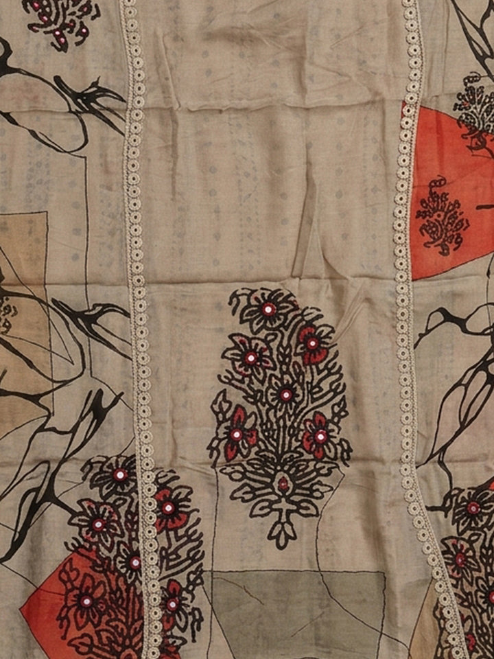 Off White Printed Cotton Blend Unstitched Suit &amp; Pant With Cotton Dupatta
