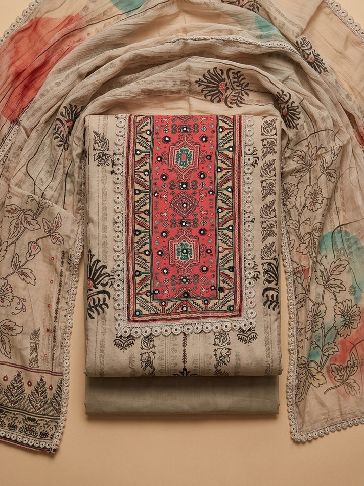 Off White Printed Cotton Blend Unstitched Suit &amp; Pant With Cotton Dupatta