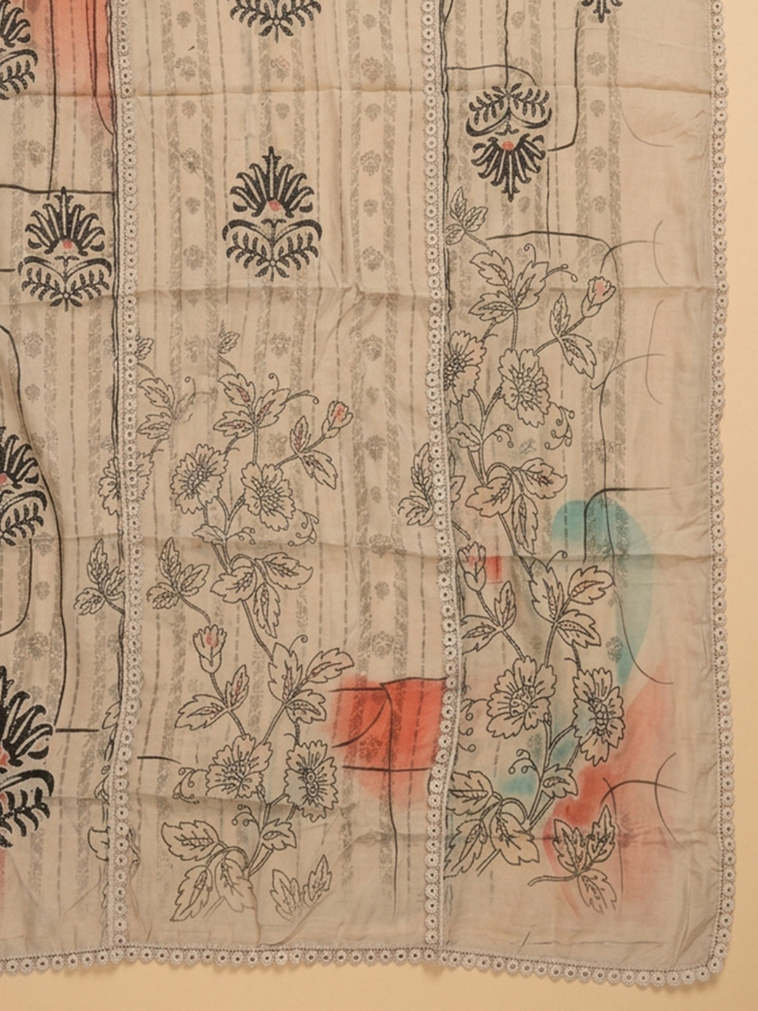 Off White Printed Cotton Blend Unstitched Suit &amp; Pant With Cotton Dupatta