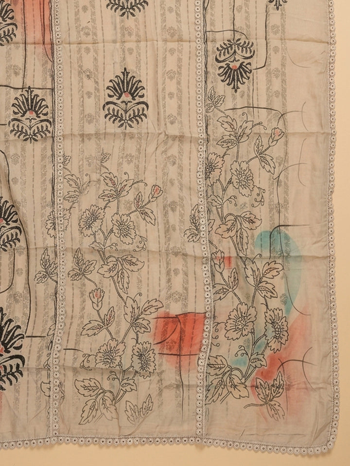 Off White Printed Cotton Blend Unstitched Suit &amp; Pant With Cotton Dupatta