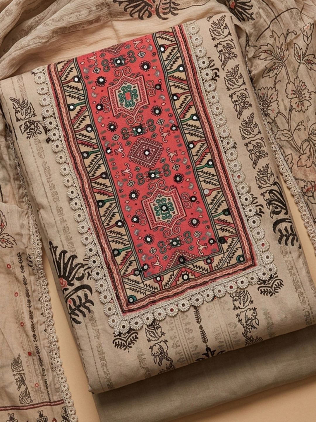 Off White Printed Cotton Blend Unstitched Suit &amp; Pant With Cotton Dupatta