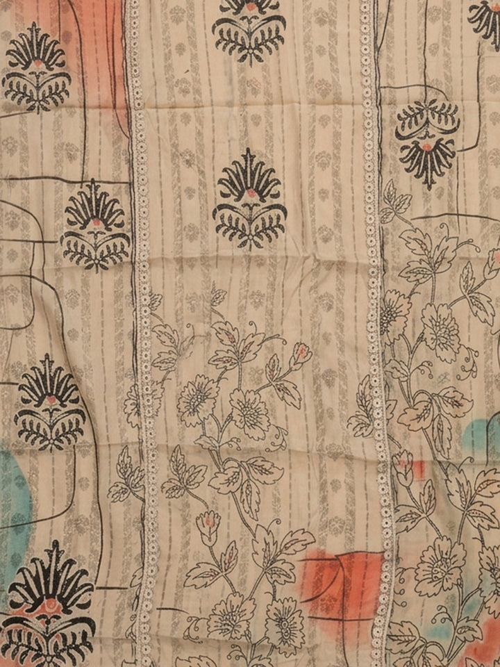 Off White Printed Cotton Blend Unstitched Suit &amp; Pant With Cotton Dupatta