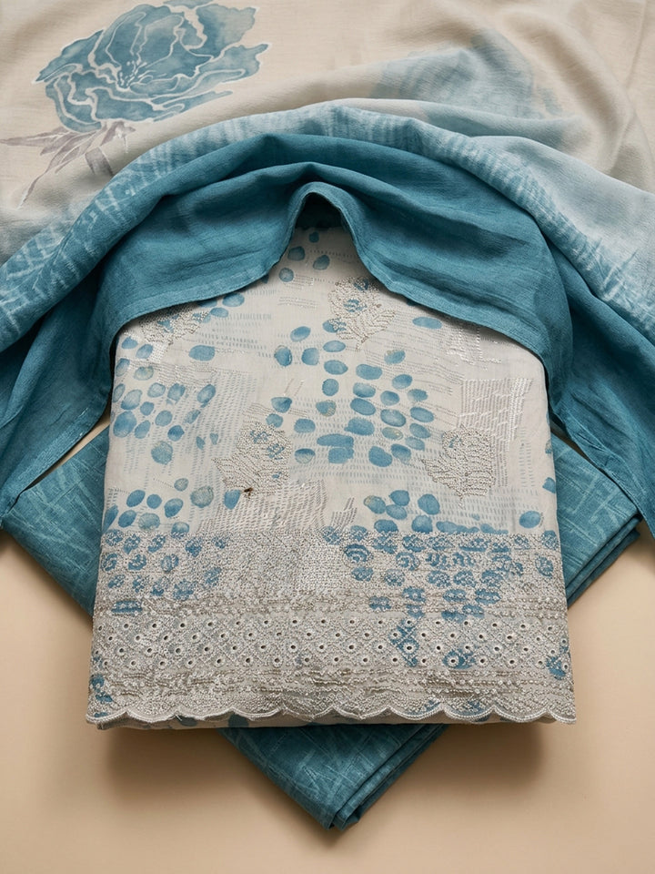 Blue Printed Cotton Blend Unstitched Suit &amp; Pant With Cotton Dupatta