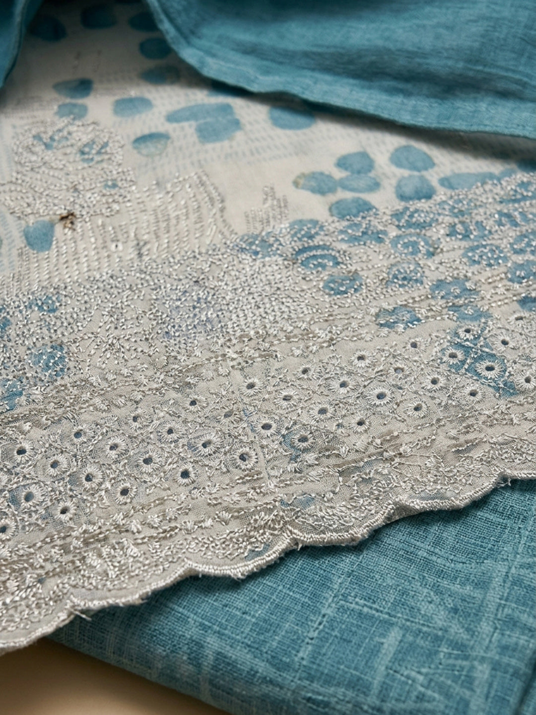 Blue Printed Cotton Blend Unstitched Suit &amp; Pant With Cotton Dupatta