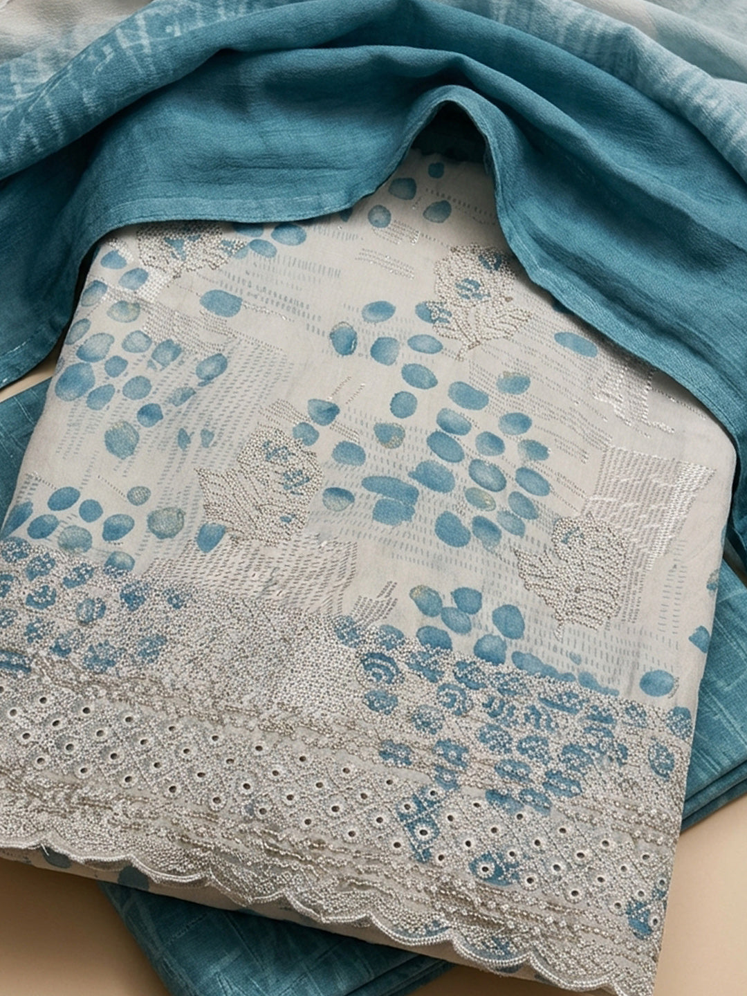 Blue Printed Cotton Blend Unstitched Suit &amp; Pant With Cotton Dupatta