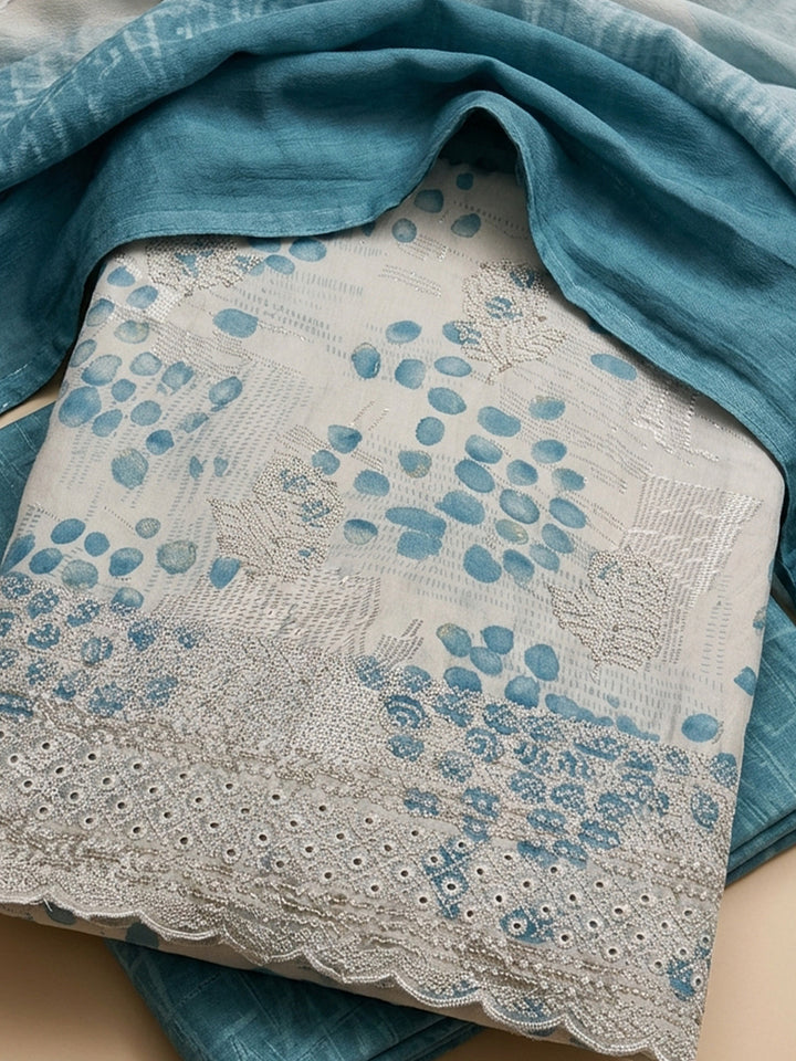 Blue Printed Cotton Blend Unstitched Suit &amp; Pant With Cotton Dupatta