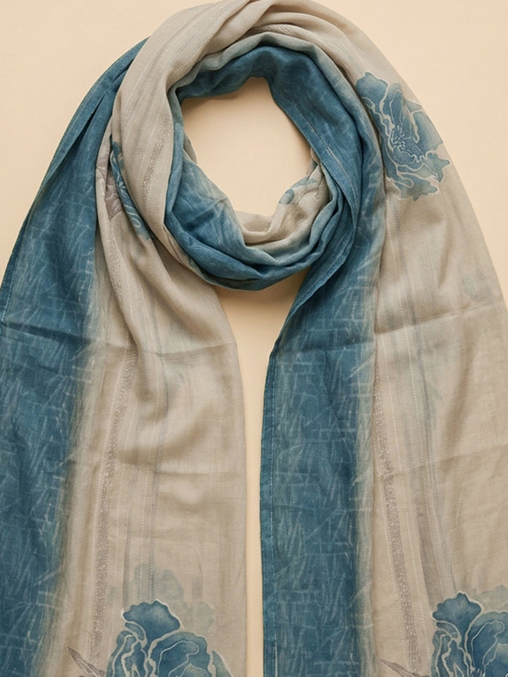Blue Printed Cotton Blend Unstitched Suit &amp; Pant With Cotton Dupatta