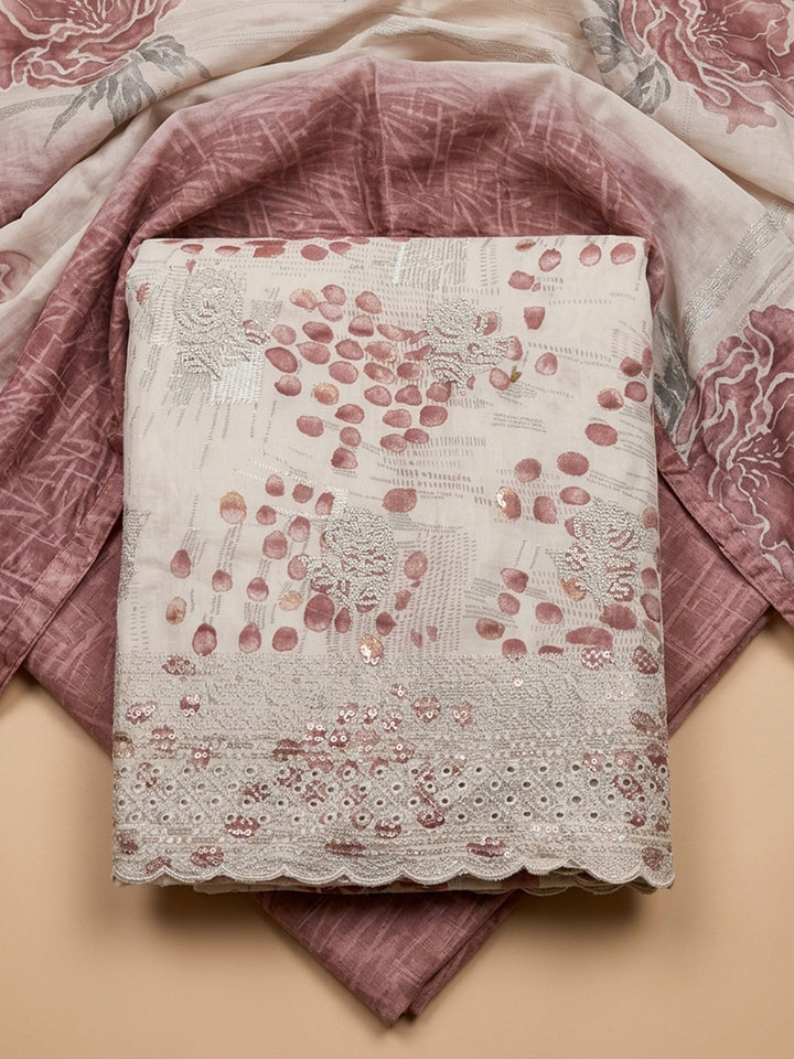 Onion Pink Printed Cotton Blend Unstitched Suit &amp; Pant With Cotton Dupatta