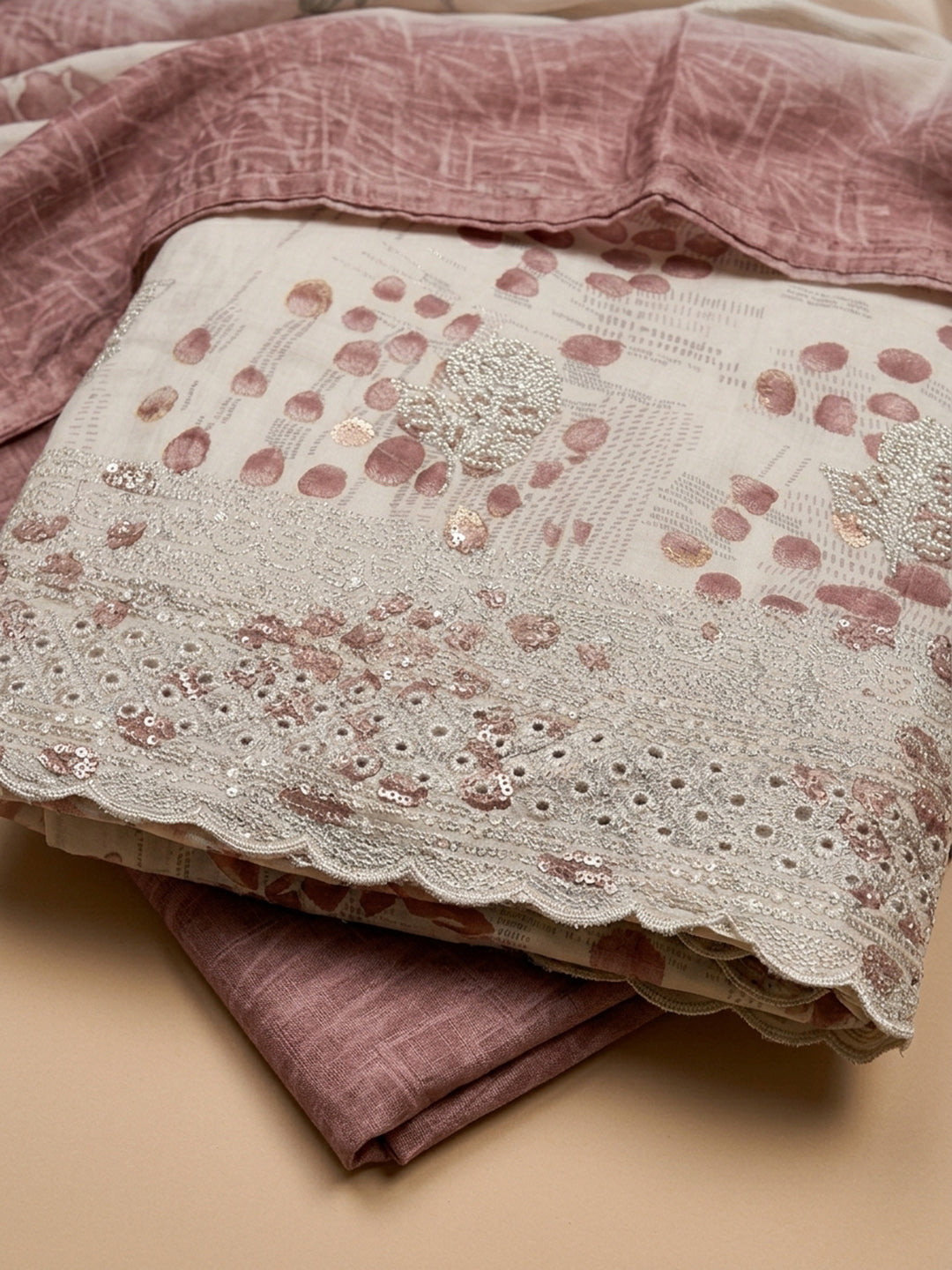 Onion Pink Printed Cotton Blend Unstitched Suit &amp; Pant With Cotton Dupatta