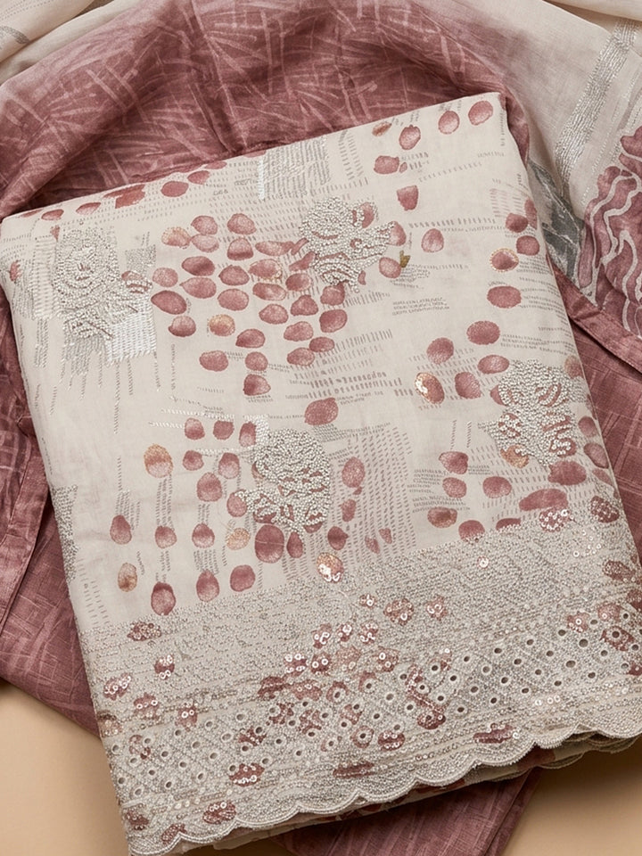 Onion Pink Printed Cotton Blend Unstitched Suit &amp; Pant With Cotton Dupatta