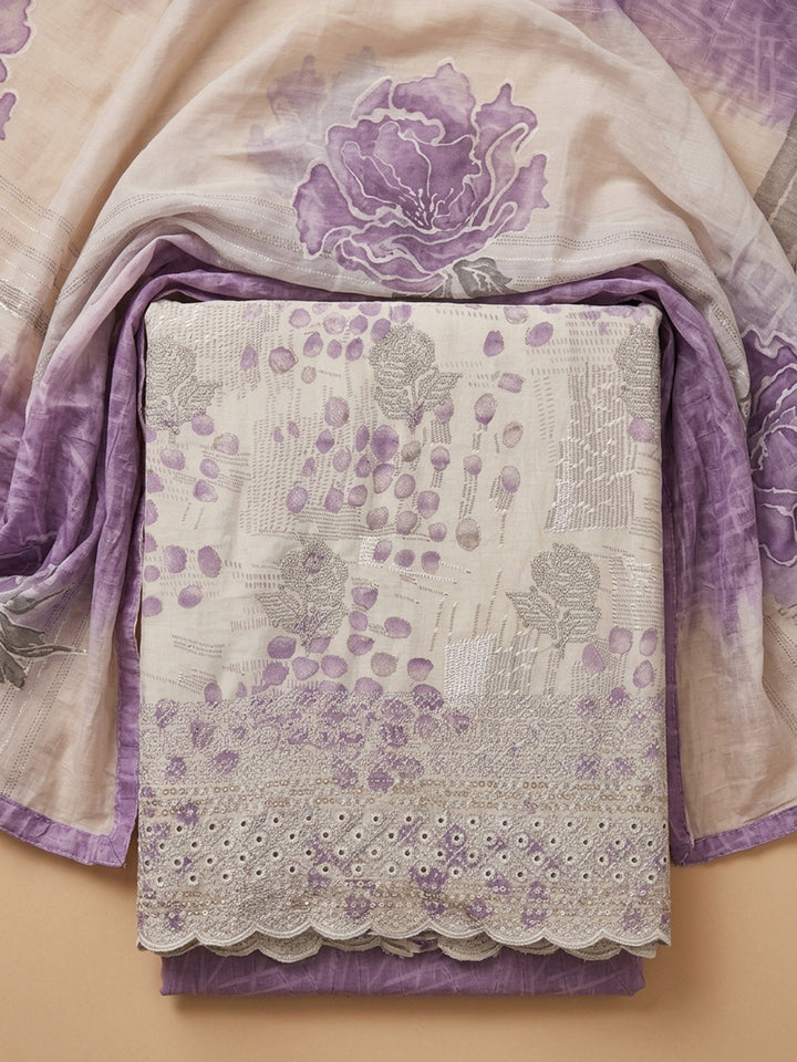 Purple Printed Cotton Blend Unstitched Suit &amp; Pant With Cotton Dupatta