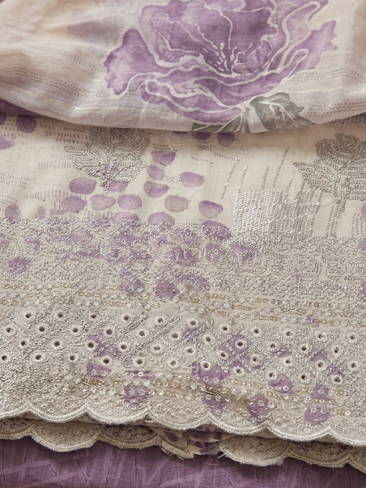 Purple Printed Cotton Blend Unstitched Suit &amp; Pant With Cotton Dupatta