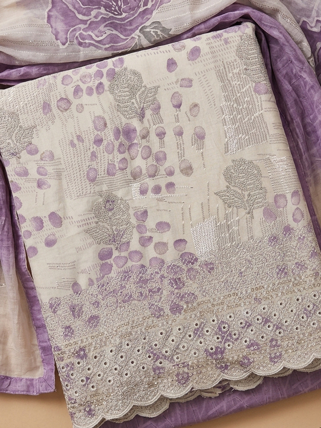 Purple Printed Cotton Blend Unstitched Suit &amp; Pant With Cotton Dupatta