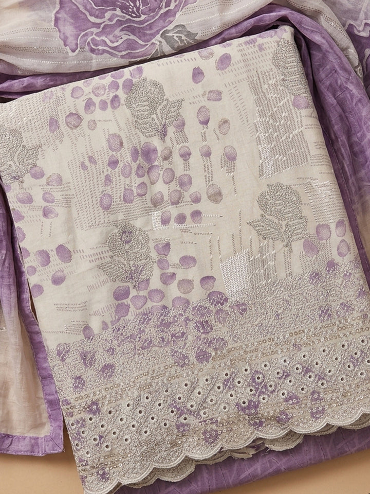 Purple Printed Cotton Blend Unstitched Suit &amp; Pant With Cotton Dupatta