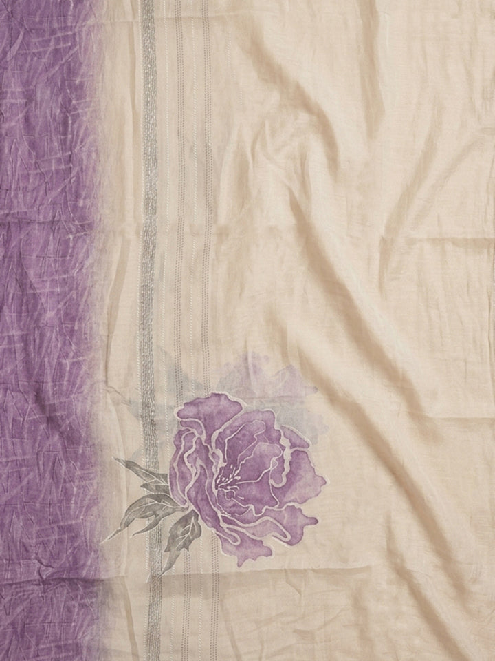 Purple Printed Cotton Blend Unstitched Suit &amp; Pant With Cotton Dupatta