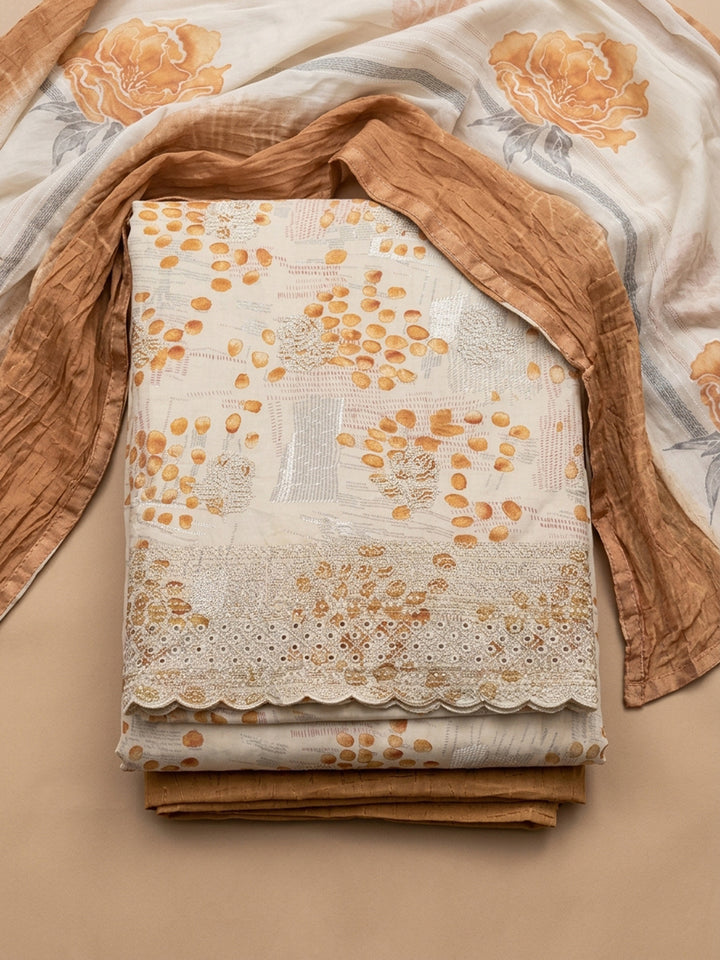 Rust Printed Cotton Blend Unstitched Suit &amp; Pant With Cotton Dupatta