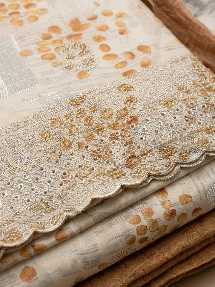 Rust Printed Cotton Blend Unstitched Suit &amp; Pant With Cotton Dupatta