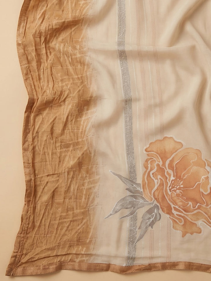Rust Printed Cotton Blend Unstitched Suit &amp; Pant With Cotton Dupatta
