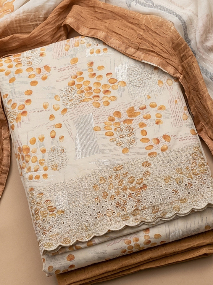 Rust Printed Cotton Blend Unstitched Suit &amp; Pant With Cotton Dupatta