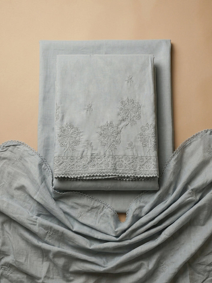 Grey Embroidered Cotton Blend Unstitched Suit With Pant &amp; Dupatta