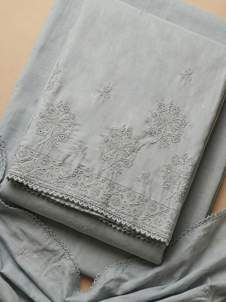 Grey Embroidered Cotton Blend Unstitched Suit With Pant &amp; Dupatta