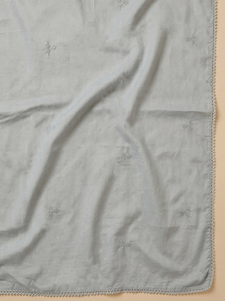 Grey Embroidered Cotton Blend Unstitched Suit With Pant &amp; Dupatta