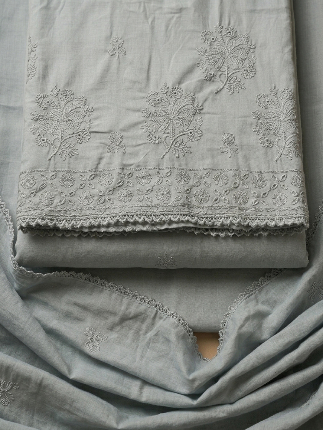 Grey Embroidered Cotton Blend Unstitched Suit With Pant &amp; Dupatta