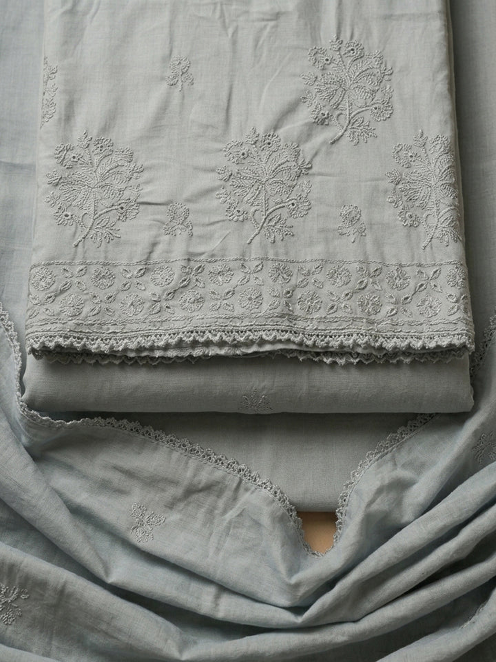 Grey Embroidered Cotton Blend Unstitched Suit With Pant &amp; Dupatta