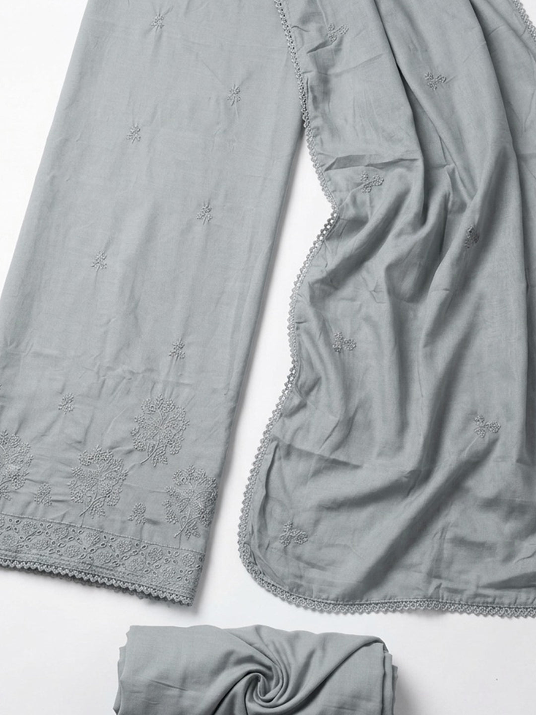 Grey Embroidered Cotton Blend Unstitched Suit With Pant &amp; Dupatta