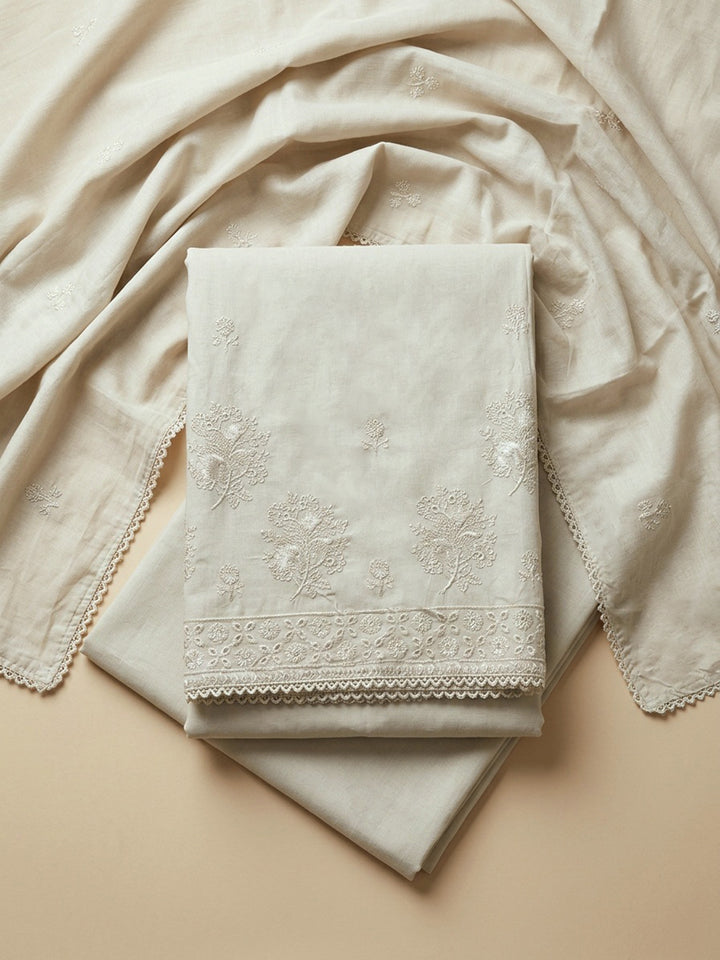 Off White Embroidered Cotton Blend Unstitched Suit With Pant &amp; Dupatta