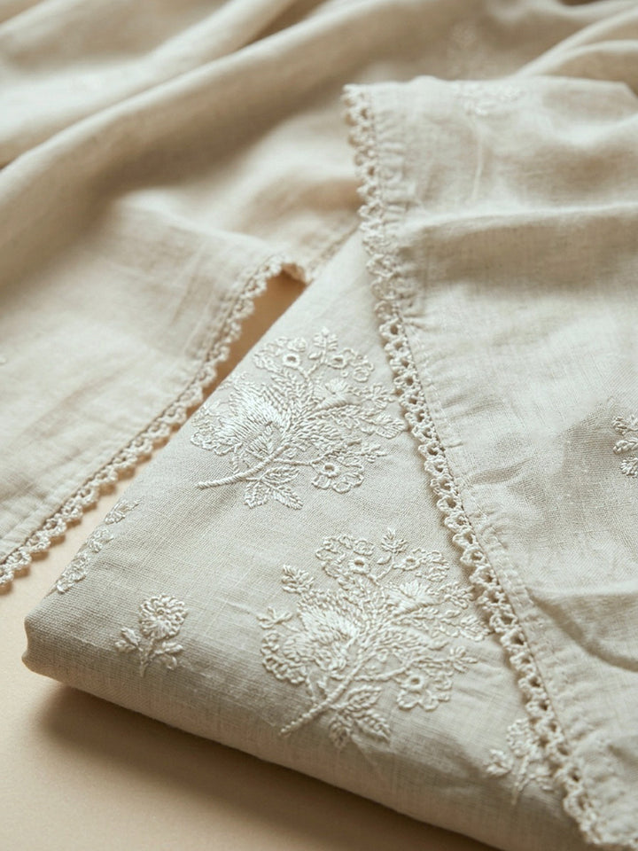Off White Embroidered Cotton Blend Unstitched Suit With Pant &amp; Dupatta