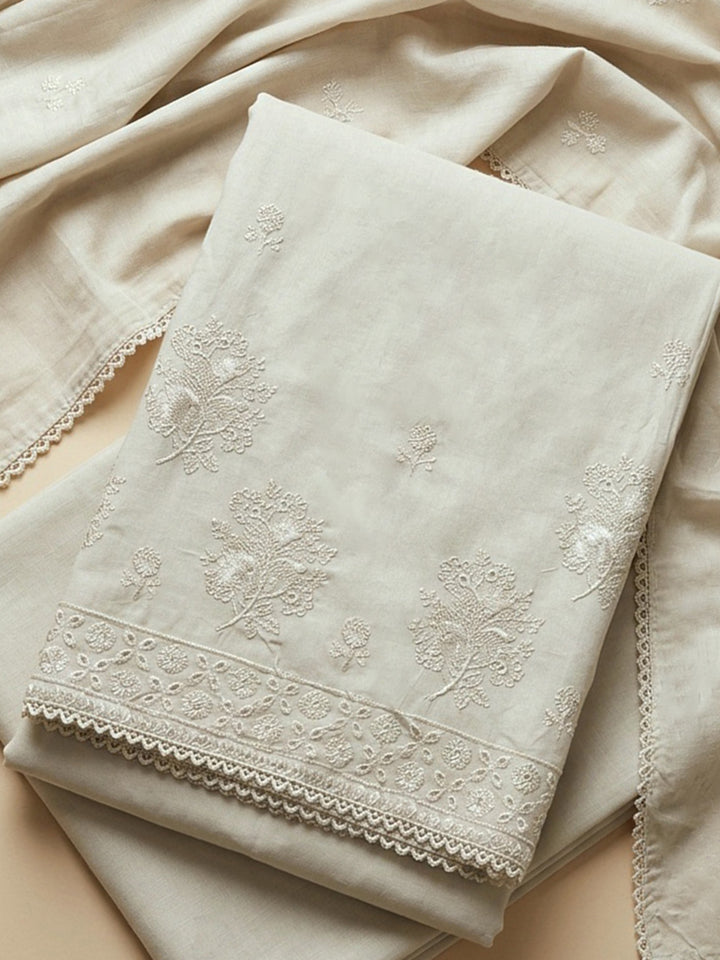 Off White Embroidered Cotton Blend Unstitched Suit With Pant &amp; Dupatta