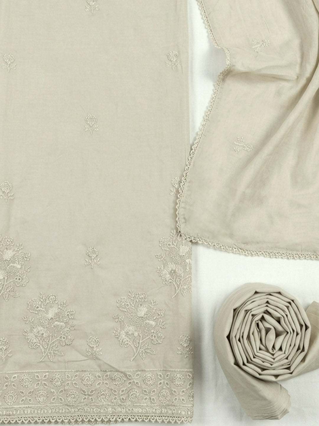 Off White Embroidered Cotton Blend Unstitched Suit With Pant &amp; Dupatta