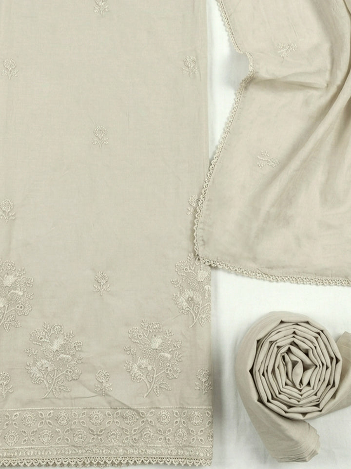 Off White Embroidered Cotton Blend Unstitched Suit With Pant &amp; Dupatta