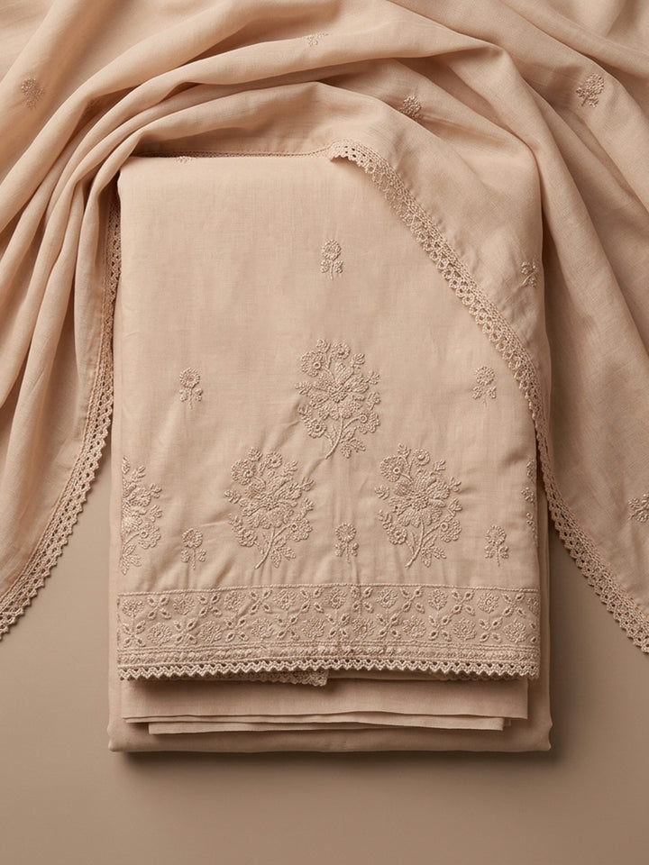 Peach Embroidered Cotton Blend Unstitched Suit With Pant &amp; Dupatta