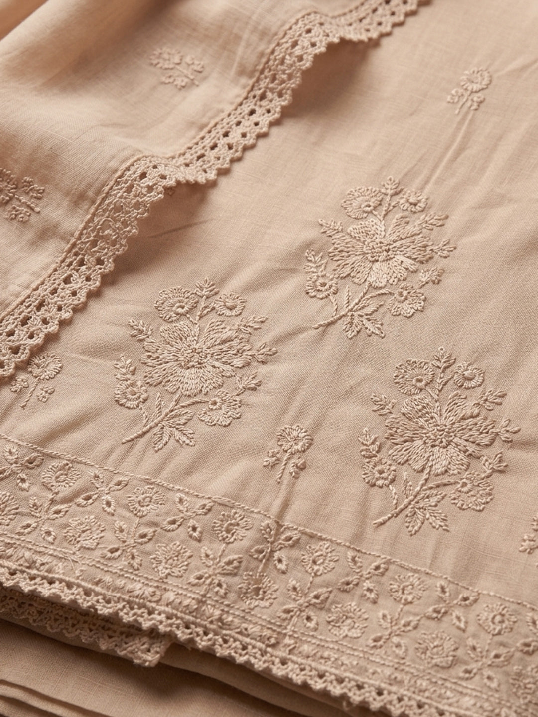 Peach Embroidered Cotton Blend Unstitched Suit With Pant &amp; Dupatta