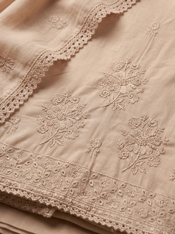 Peach Embroidered Cotton Blend Unstitched Suit With Pant &amp; Dupatta