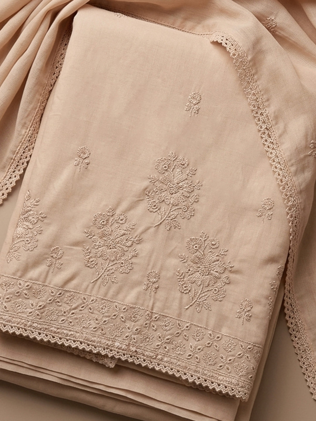 Peach Embroidered Cotton Blend Unstitched Suit With Pant &amp; Dupatta