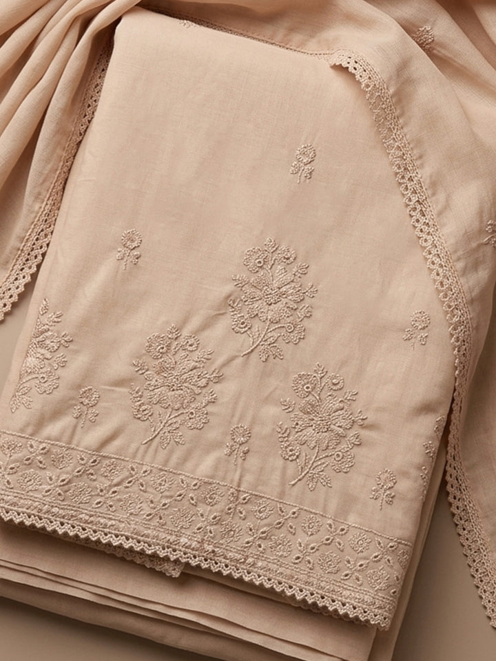 Peach Embroidered Cotton Blend Unstitched Suit With Pant &amp; Dupatta