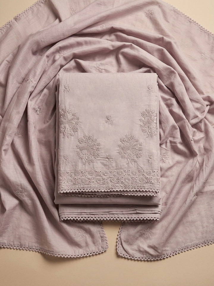 Pink Embroidered Cotton Blend Unstitched Suit With Pant &amp; Dupatta