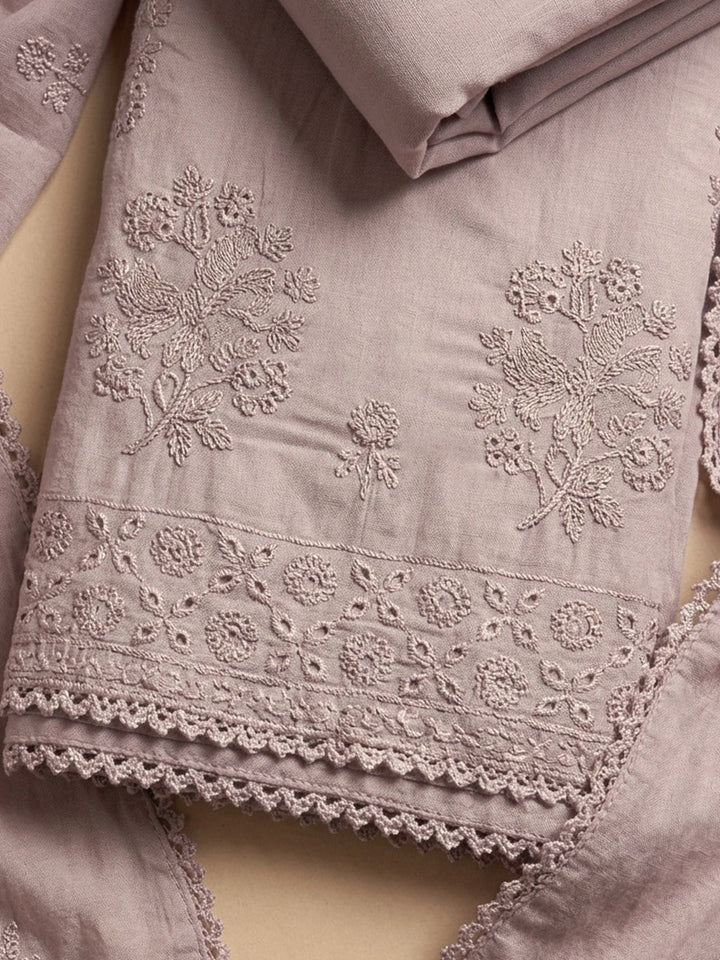Pink Embroidered Cotton Blend Unstitched Suit With Pant &amp; Dupatta