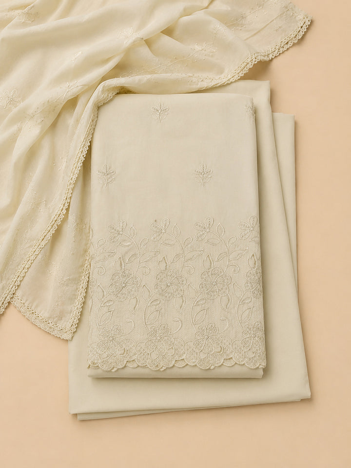 Off White Embroidered Cotton Blend Unstitched Suit &amp; Pant With Cotton Dupatta