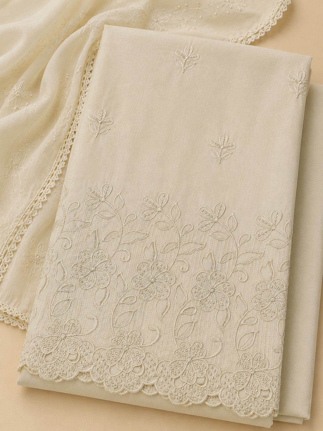 Off White Embroidered Cotton Blend Unstitched Suit &amp; Pant With Cotton Dupatta