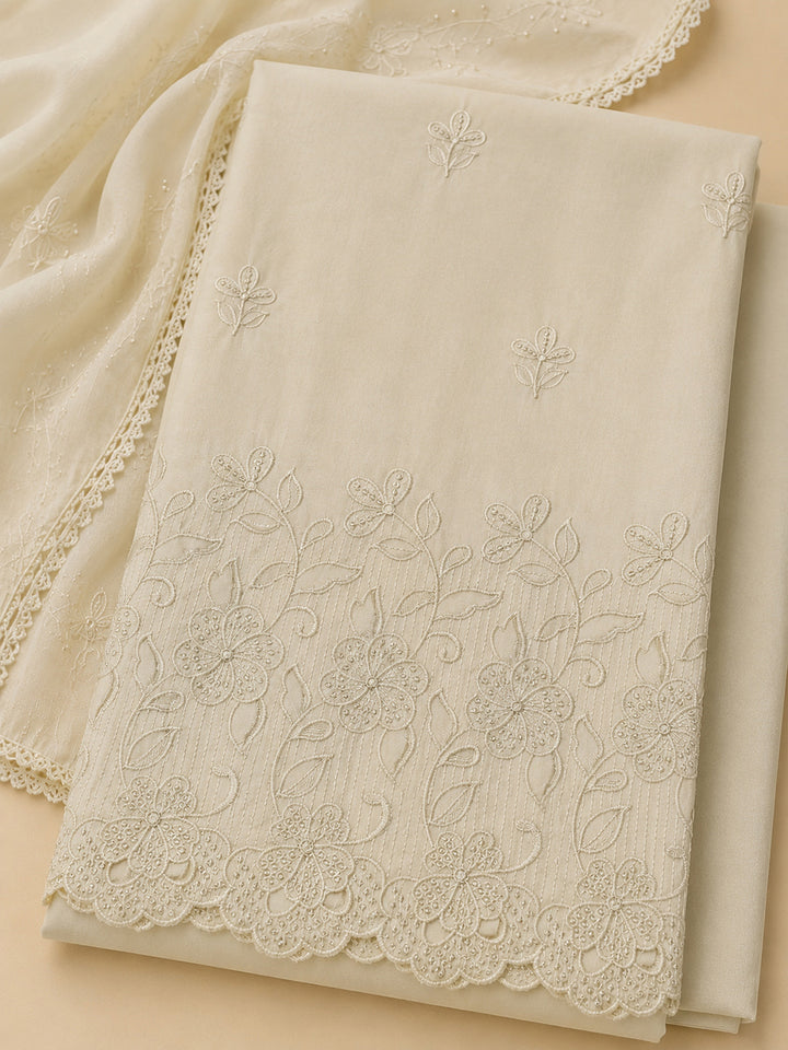Off White Embroidered Cotton Blend Unstitched Suit &amp; Pant With Cotton Dupatta
